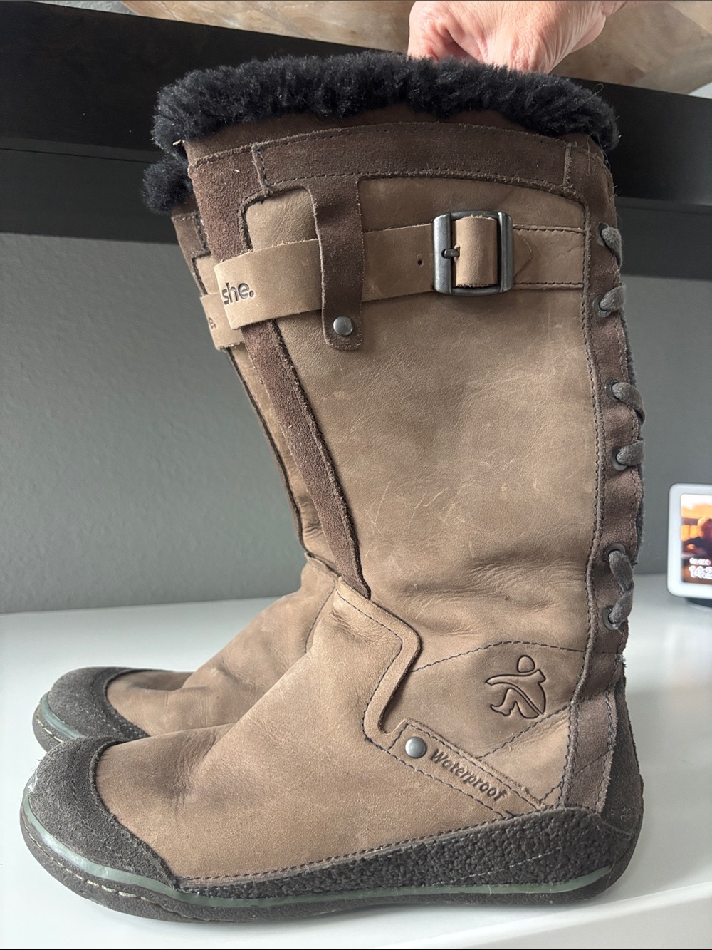 cushe Brown Waterproof Winter Boots with Black Faux Fur Collar